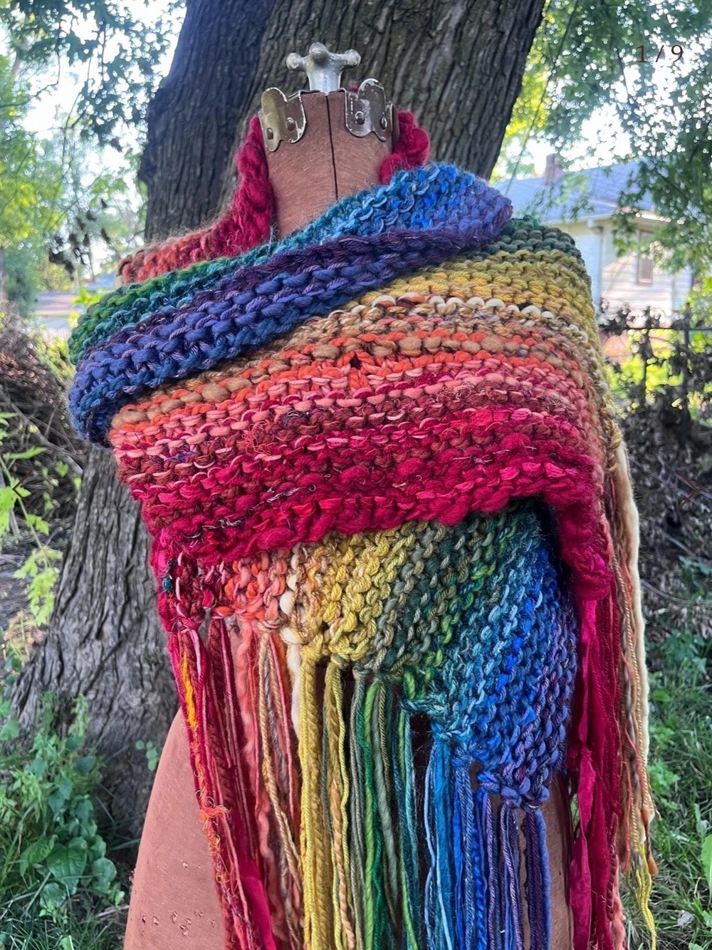 Source Unknown Rainbow Hand-Knit Fringe Scarf in Multicolor Hues